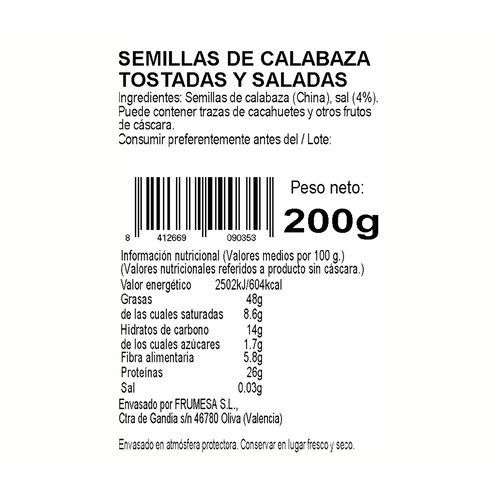 FRUMESA Pipas de calabaza tostadas aguasal sd 200g.