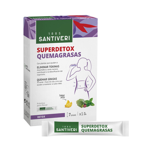 SANTIVERI Complemento alimenticio con acción superdetox y quemagrasas sabor piña 7 sticks.