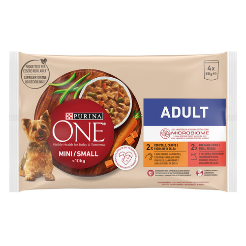 PURINA One mini Alimentación para perros (menos de 10 kg) húmeda con sabor a pollo y buey 4x85 g