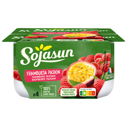 SOJASUN Especialidad de soja con pulpa de frambuesa y fruta de la pasion  4 x 100 g.