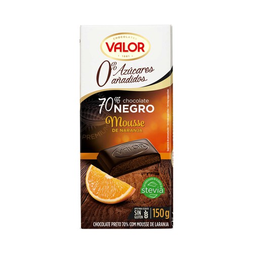 VALOR Chocolate negro 70% relleno naranja, sin azúcares añadidos tableta de 150 g.