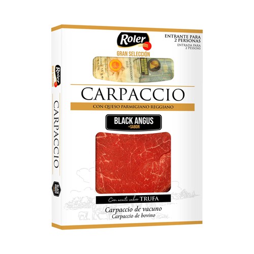 ROLER Carpaccio de vacuno (Black Angus) con queso Parmigiano reggiano y aceite sabor trufa 80 g.