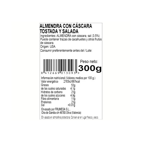 SELF DISCOUNT Almendra con cáscara tostada y salada 300 g.