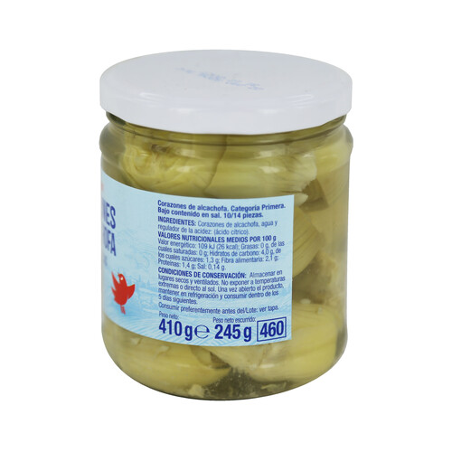 PRODUCTO ALCAMPO Corazones de alcachofa 10/14 bajo en sal frasco de 245 g.