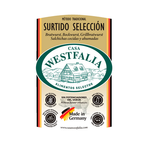 CASA WESTFALIA Selección Surtido de salchichas alemanas Bratwurst (1), Bockwurst (1) y Bratwurst estilo Thüringer (1).