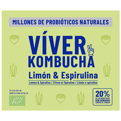 VIVER Bebida fermentada de té (kombucha)  ecológica sabor a limón y espirulina 700 ml.