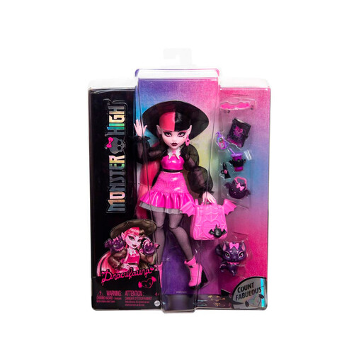 MONSTER HIGH Draculaura Muñeca articulada con mascota y accesorios de moda, 25cm juguete +4 años