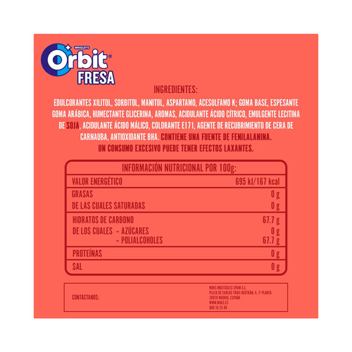 ORBIT Chicles sabor a fresa ORBIT paquete 4 barritas. 56 g.