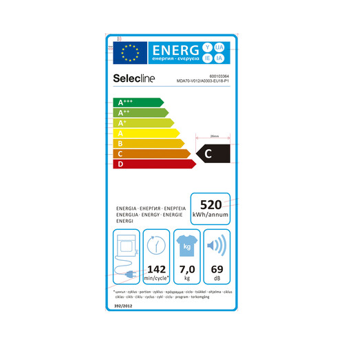 Secadora ventilación SELECLINE 600103364, capacidad de secado: 7KG, clasificación energética: C, H: 89 cm, A: 57,5 cm, F: 66,5 cm.