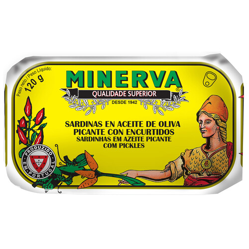 MINERVA Sardinas en aceite de oliva picante con encurtidos 120 g.