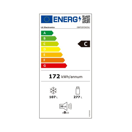 Frigorífico combi 204cm LG GBV3200CPY NO FROST TOTAL, clasificación energética: C, H: 204cm, A: 59,5cm, F: 67,5cm, capacidad total: 387L.