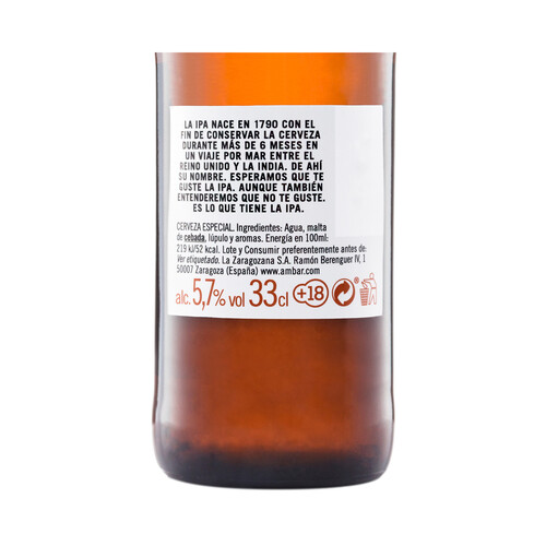 AMBAR IPA  Cerveza Premium extra lúpulo botella 33 cl.