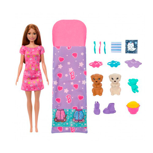 Muñeca barbie fiesta pijamas con cachorros. Incluye accesorios, +3 años.