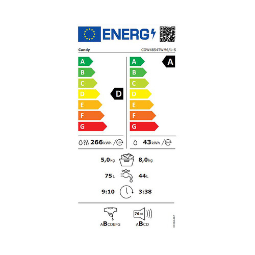 Lavadora secadora CANDY COW 4854TWM6/1-S, lavado/secado: 8KG/5KG, clasificación energética: A, 1400RPM, H: 85cm, A: 60cm,F: 53cm.