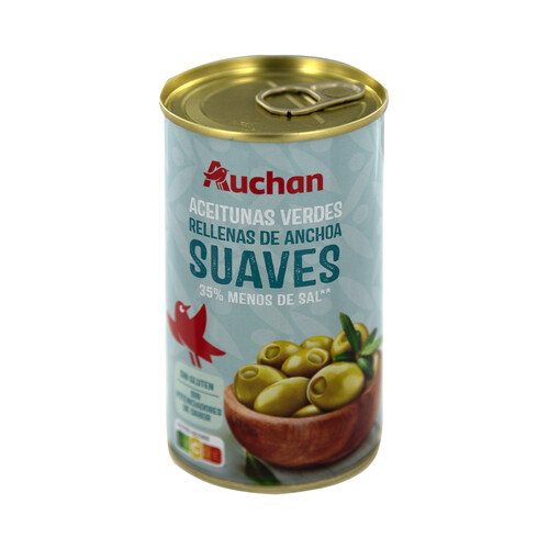 PRODUCTO ALCAMPO Aceitunas verdes suaves rellenas de anchoa y con un 35% menos de sal lata 150 g.