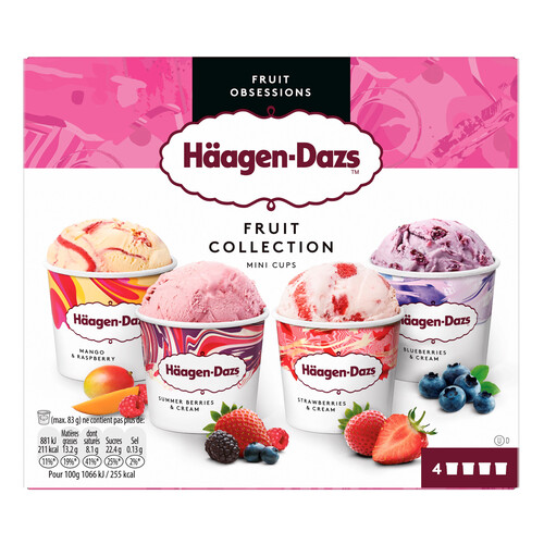 HÄAGEN-DAZS Tarrinas de helado de frutas (mango, fresa, frambuesa y arándano) 4 x 95 ml.