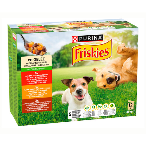 FRISKIES Alimentación de perro húmeda bolsa de gelatina pollo, cordero,buey friskies 12 x 85 g