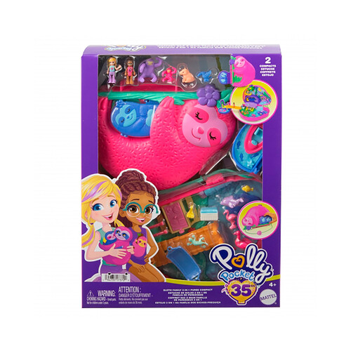 POLLY POCKET Cofre familia de perezosos con 2 mini muñecas y 12 accesorios.