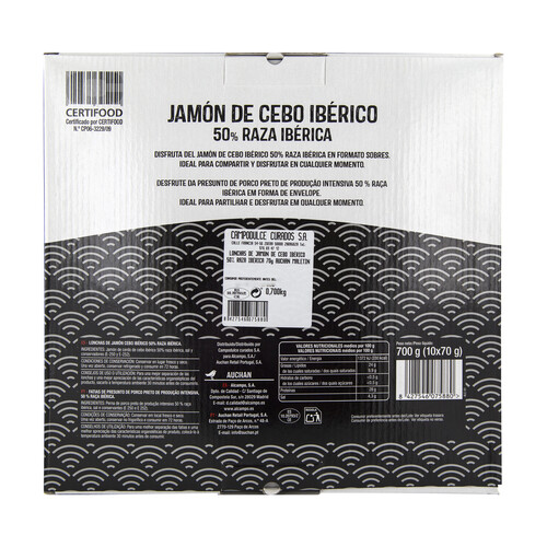 AUCHAN Maletín con 10 sobres de 70 g. de jamón de cebo ibérico (50% raza ibérica). Producto Alcampo