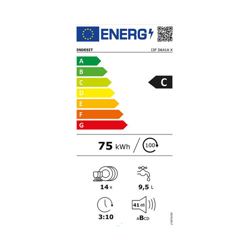 Lavavajillas INDESIT I3F D641AX, capacidad: 14 servicios, clasificación energética: C, H: 85cm, A: 60cm, F: 61cm.