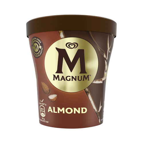 MAGNUM Tarrina de helado de vainilla, trocitos de almendras y láminas de chocolate con leche 440 ml.