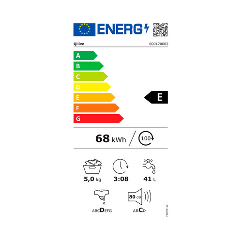 Lavadora QILIVE Q.6682 5KG, clasificación energética: D, 1000RPM, H: 88,5cm, A: 65,5cm, F: 50cm.