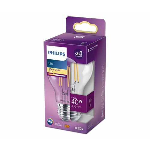 Bombilla Led E27, 4,3W=40W, luz cálida 2700K, 470lm, PHILIPS.