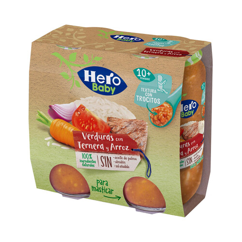 HERO Baby Tarritos de verduras con ternera y arroz (textura con trocitos), a partir de 10 meses 2 x 235 g.