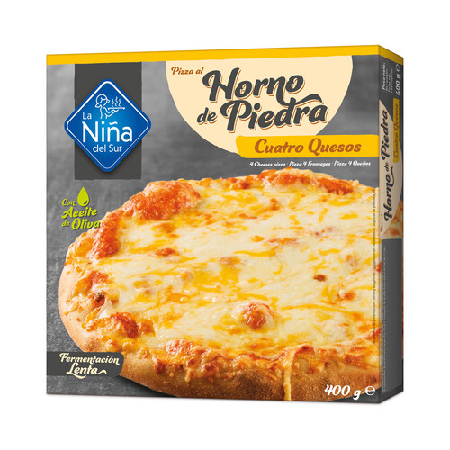 LA NIÑA DEL SUR Pizza 4 quesos (Edam, Emmental, Cheddar y Mozzarella) hecha al horno de piedra 400 g.