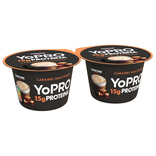 YOPRO Yogur con sabor a caramelo y café macchiato, con proteínas y sin azúcares añadidos ni grasa de Danone 2 x 160 g.