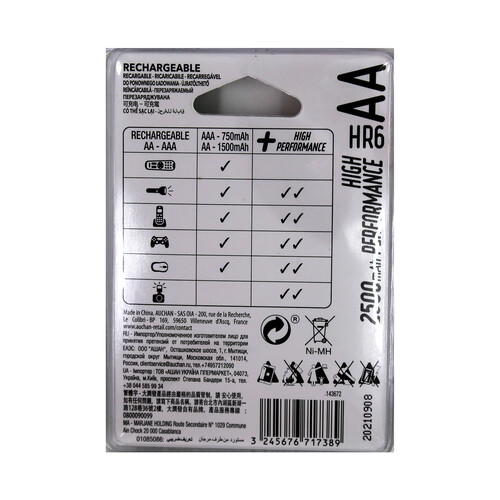 Pack de 4 pilas recargables AA, Ni-MH,  HR06, PRODUCTO ALCAMPO, 2500 mAh.