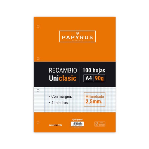 Recambio de 100 hojas tamaño A4, 4 taladros, 90gr, rayado milimetrado con margen, UNIPAPEL.