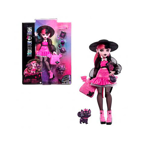 MONSTER HIGH Draculaura Muñeca articulada con mascota y accesorios de moda, 25cm juguete +4 años