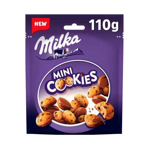 MILKA Galletas mini cookies con Pepitas de Chocolate con Leche y Cubiertas con Chocolate con Leche de los Alpes bolsa 110 g.