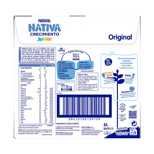 NATIVA Junior original de Neslté Leche (3) de crecimiento, a partir de 3 años 6 x 1 l.