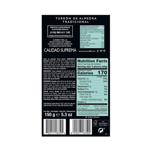 1880 Sticks turrón de almendra tradicional 150 g.