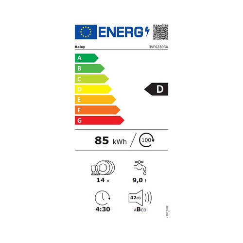 Lavavajillas integrable BALAY 3VF6330SA blanco, capacidad: 14 servicios, clasificación energética: D, H: 81,5cm, A: 59,8cm, F: 55cm.