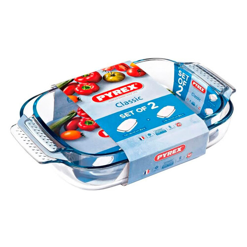 Set 2 fuentes rectangulares para horno en vidrio de borosilicato, PYREX.