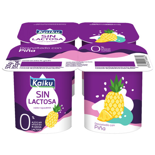 KAIKU Yogur desnatado 0% materia grasa, sin lactosa ni azúcares añadidos, con piña 4 x 125 g.