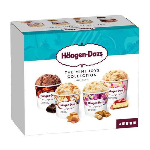 HÄAGEN-DAZS Mini tarrinas de helado de chocolate belga, caramelo salado, nueces de Macadamia y cheesecake con fresa 4 x 95 ml.