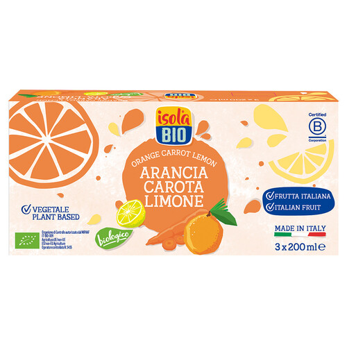 ISOLA Bio Zumos Bio de sabor naranja, zanahoria y limón, 3 uds, 200 ml.