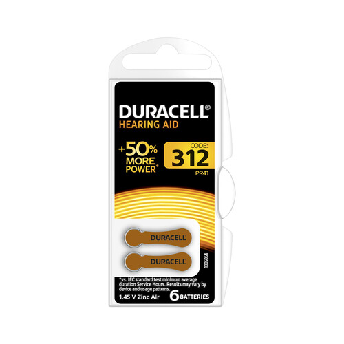 Pack de 6 pilas especiales para audífonos, tamaño 312, 1,45V, Zinc-Air., DURACELL.