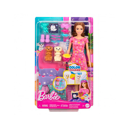 Muñeca barbie fiesta pijamas con cachorros. Incluye accesorios, +3 años.