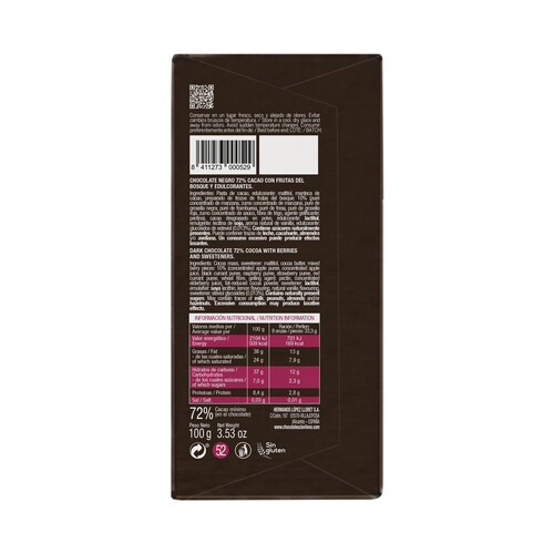CLAVILEÑO Chocolate negro extrafino 72% cacao y frutas del bosque con stevia 100 g.