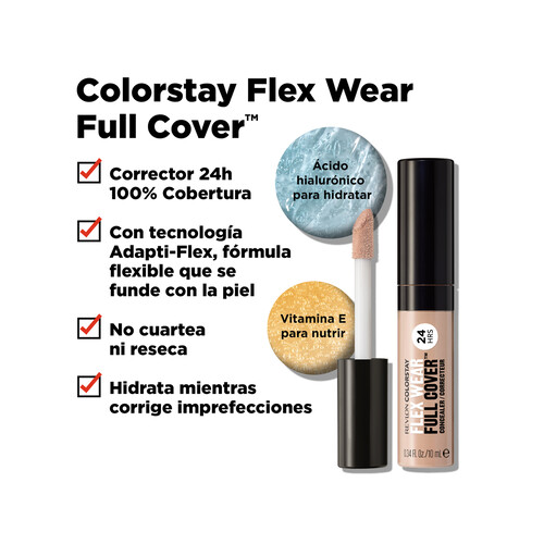 REVLON Flex wear full cover tono 040 Medium Maquillaje corrector de larga duración, corrige imperfecciones, rojeces y ojeras.
