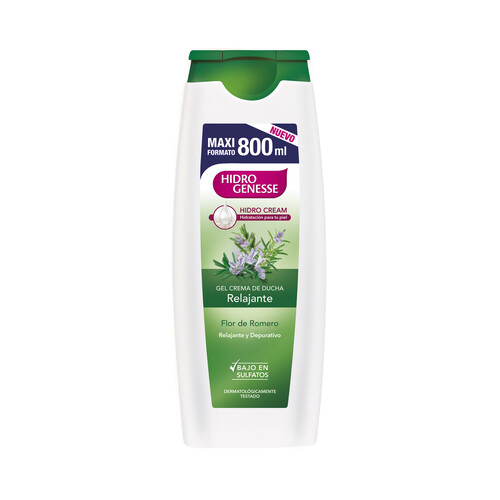 HIDRO GENESSE Gel de baño o ducha relajante y depurativo, sin parabenes y con flor de romero 800 ml.