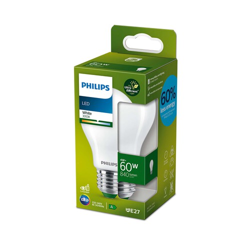 Bombilla Led E27, 4W=60W, luz cálida 3000K, 840lm, PHILIPS.