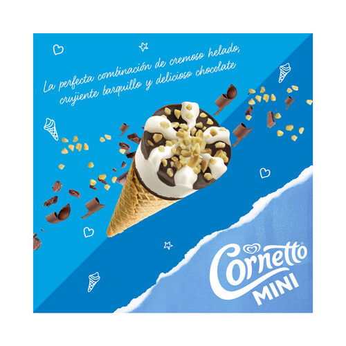 CORNETTO Mini cono de helado de nata, con trocitos de avellana y topping de salsa de chocolate 6+2 x 60 ml.