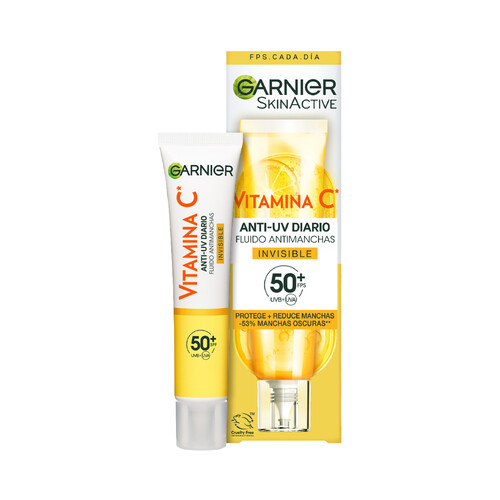 GARNIER Skin active Fluido diario iluminador invisible con vitamina C y FPS 50+ 50 ml.