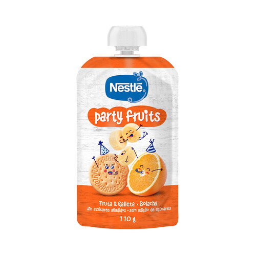 NESTLÉ Party fruits Bolsita de fruta (plátano y naranja) y galleta, para bebés a partir de 12 meses 110 g.